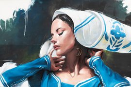 peinture murale d'Istraille repr&eacute;entant une bretonne moderne avec sa coiffe traditionnelle du pays briochin - Agrandir l'image (fen&ecirc;tre modale)